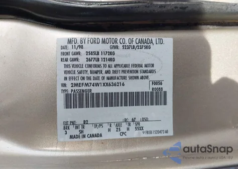 1999 Mercury Grand Marquis Gs из США, поврежденный, VIN 2MEFM74W1XX636216